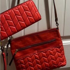 Fossil Red Crossbody Bag with Quilted Design and Matching Wallet